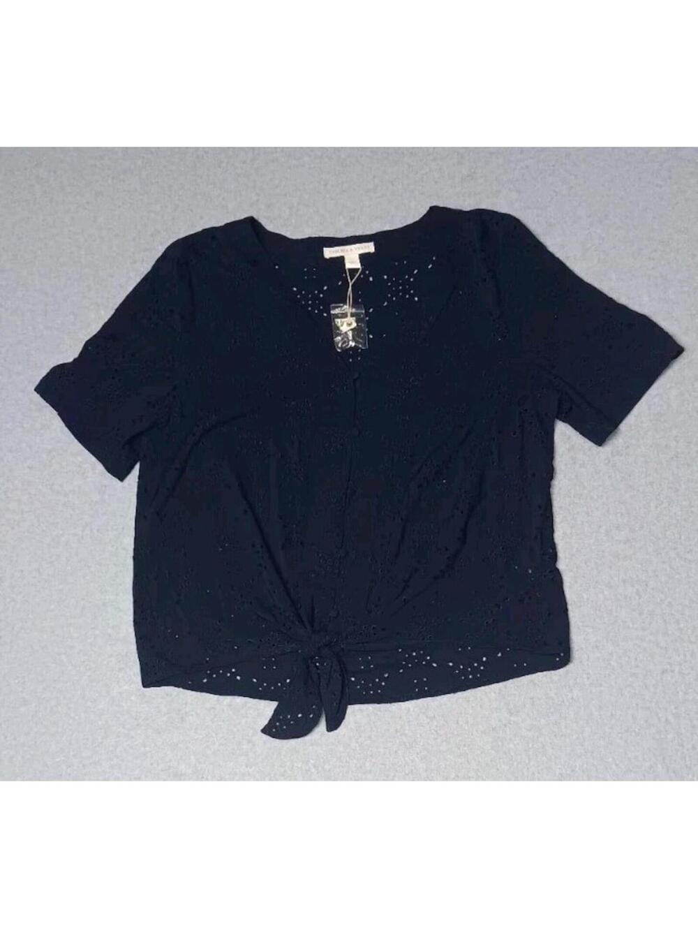 NWOT! Chelsea & Violet Button Up Blouse Womens Size Large Navy Blue Vneck Tie...